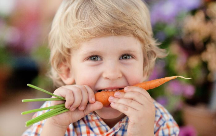 Ein blondhaariger Junge beißt glücklich in eine frische Karotte, umgeben von verschwommenen, bunten Blumen im Hintergrund.