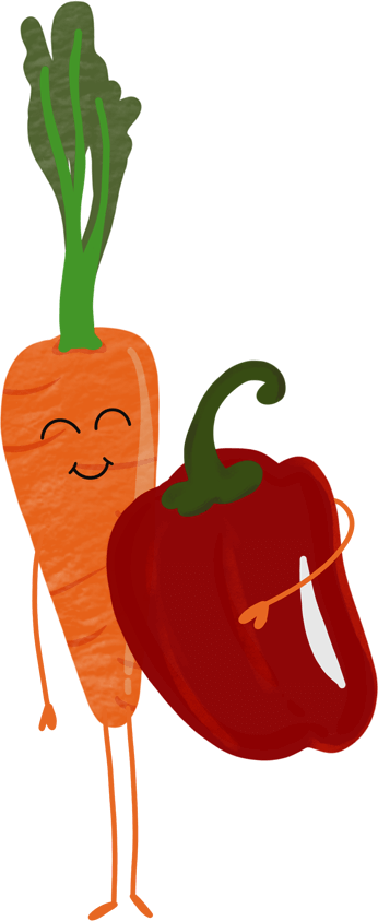 Illustration einer Karotte und einer roten Paprika mit fröhlichen Gesichtern und Armen.