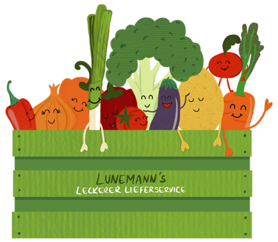 Illustration einer grünen Kiste mit der Aufschrift „Lunemann’s Leckerer Lieferservice“, gefüllt mit fröhlich lächelndem Gemüse wie Brokkoli, Lauch, Paprika, Karotte, Kartoffel, Aubergine, Zwiebel und Tomate, die alle lebendig wirken und winken.