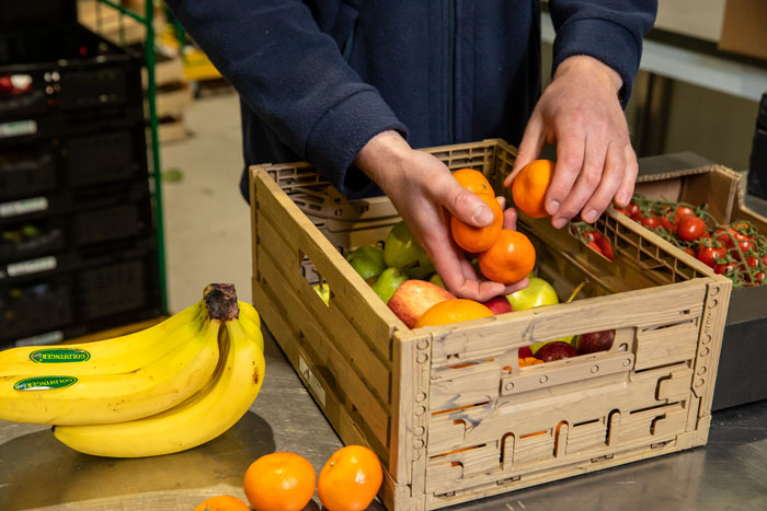 Eine Holzbox mit frischem Obst, darunter Äpfel, Mandarinen und Tomaten, auf einem Tisch. Im Vordergrund liegen gelbe Bananen, und Hände ordnen Mandarinen in der Box.