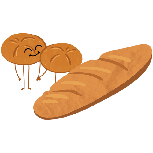 Illustration von Backwaren: zwei lächelnde Brötchen mit Armen und Beinen sowie ein knuspriges Baguette.