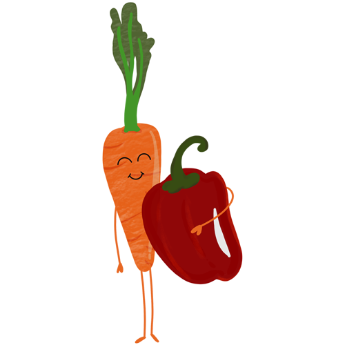 Illustration einer Karotte und einer roten Paprika mit fröhlichen Gesichtern und Armen.